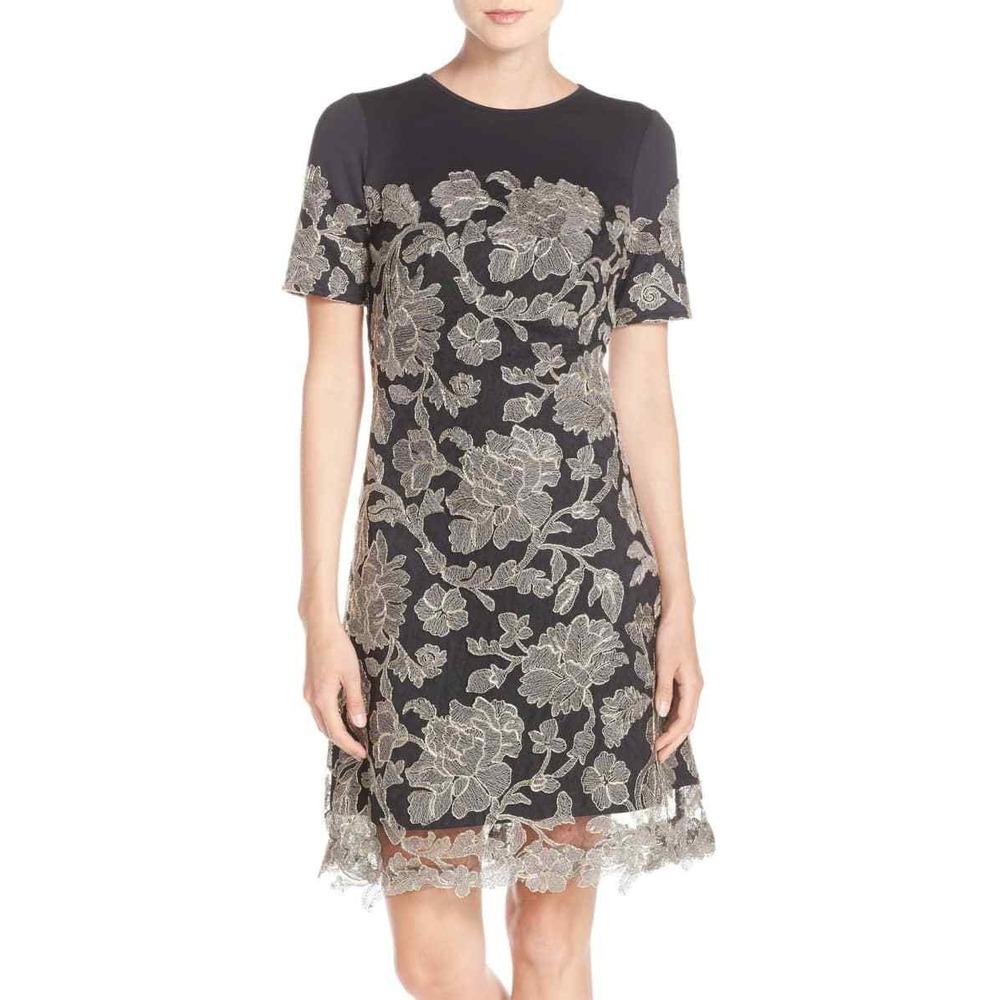 Tadashi Shoji Dress Women 16 Black Gold Embroidered Lace Overlay A-Line - Picture 2 of 12